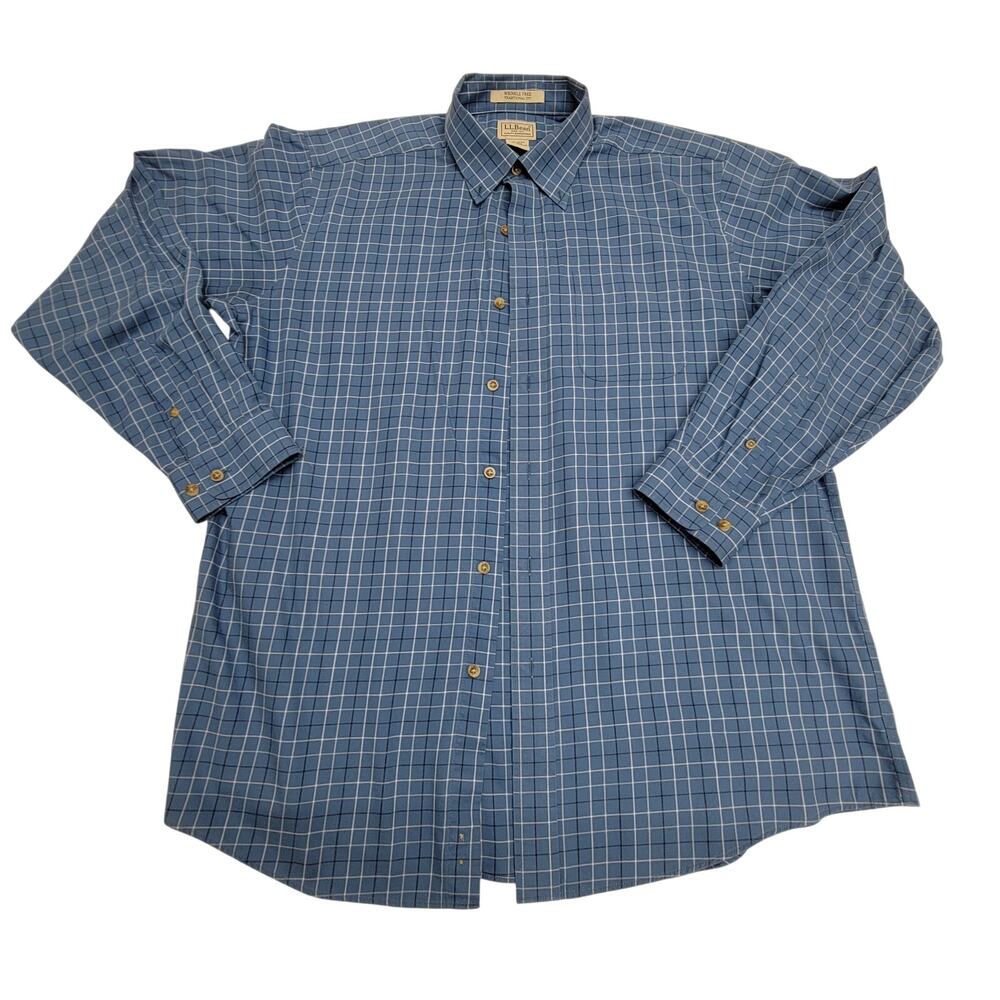 LL Bean Mens L Reg Shirt Blue Plaid Wrinkle Free Traditional Fit Button Down